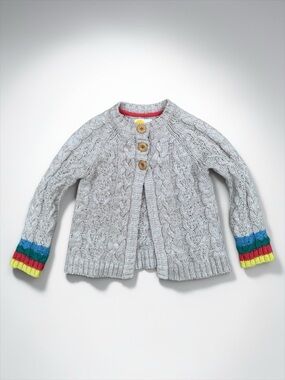 Mini Boden Girl’s 5-6 Gray Cable Knit Cardigan with Colorful Cuff Stripes